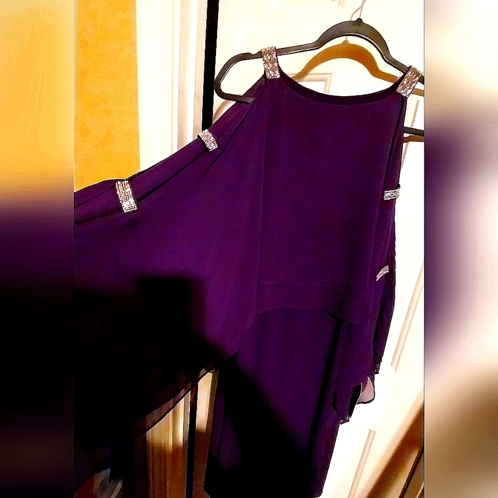 Split Sleeve Chiffon Shift Coktail Dress  Purple Bling detail